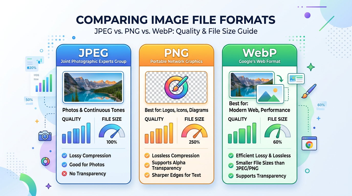 A comparison diagram showing different image file formats (JPEG, PNG, WebP) with file size and quality indicators, clean infographic style