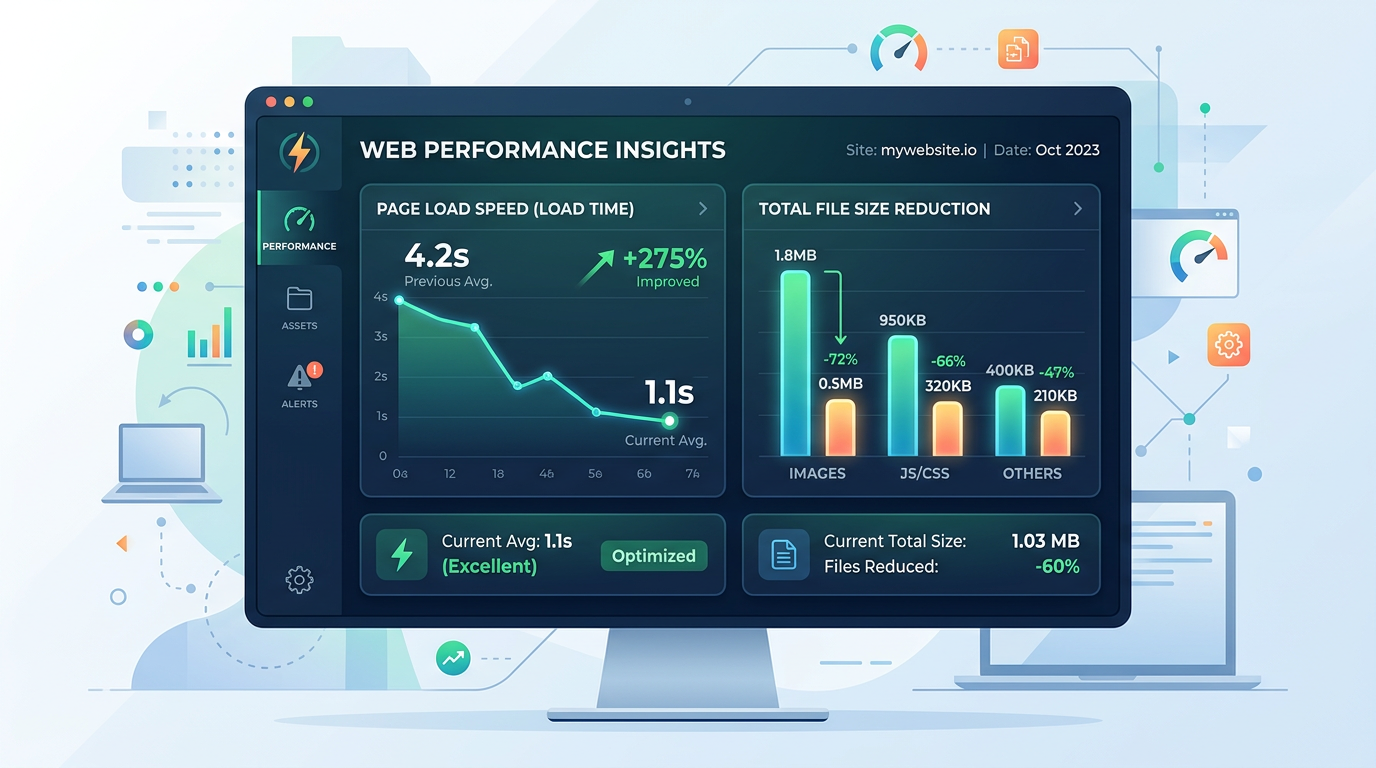 A web performance dashboard showing page load speed improvements and file size reduction charts, modern UI style