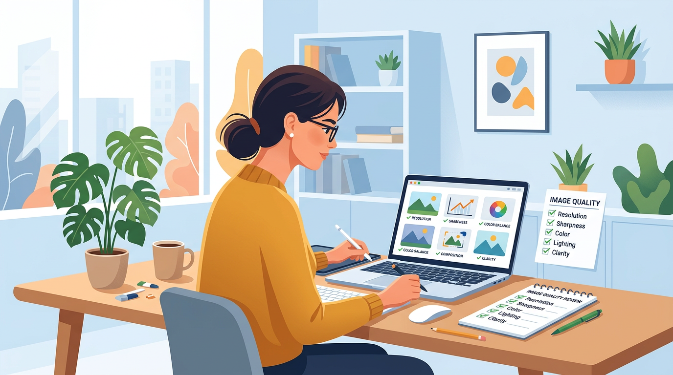A person carefully reviewing image quality on a laptop screen with a checklist beside them, flat illustration style