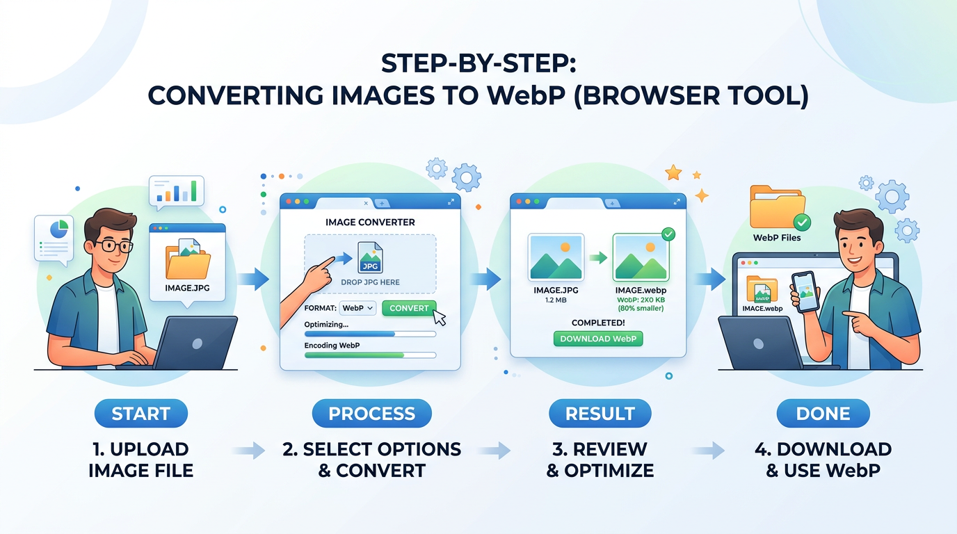A step-by-step illustration of converting an image file to WebP format using a browser-based tool, simple and beginner-friendly style